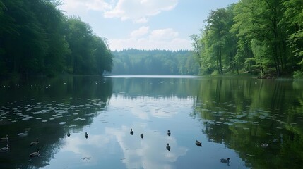 Lake calm is surrounded by dense forest © Yelena