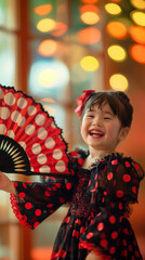 A happy smiling little girl in a red and black polka dot dress holding a large fan. Spanish style for flamenco. Red ribbon in hair.