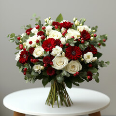 Bouquet of red and white flowers, roses and gerberas