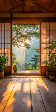 Vue sur la vall&eacute;e par la fen&ecirc;tre d'une pi&egrave;ce en bois dans une maison asiatique
