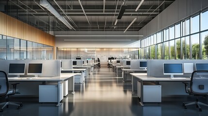 Obraz premium The modern open-plan office with a clean, organized layout. The workspace features rows of individual desks equipped 