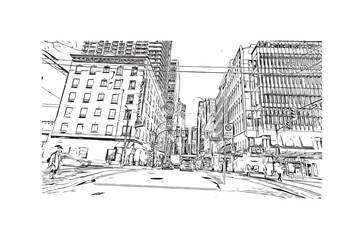 Print Building view with landmark of   Stanley is the capital in Falkland. Hand drawn sketch illustration in vector.