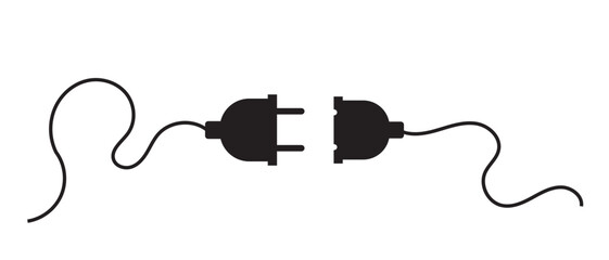Electric socket with a plug in black color. Electric plug and outlet socket unplugged. Connection and disconnection concept with wire, cable. Vector on isolated white background.
