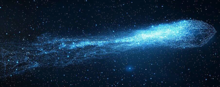 Futuristic wireframe comet traveling through digital space with data overlays