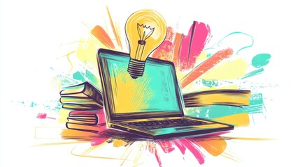 Trendy Halftone Collage Online education concept. Computer laptop with hand, floating books and lightbulb. News course, webinar. Smart thinking and 