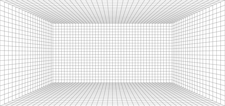 Empty futuristic digital box room. Wireframe grid template in perspective