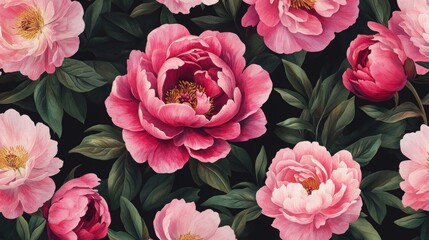 Fototapeta premium Boho style seamless pattern with pink peonies, reminiscent of a retro collage.