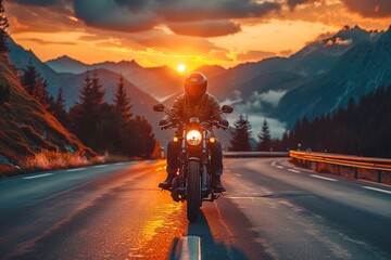 Motorbike rider accelerating on a highway with the sun setting behind the mountains , free space for text --ar 3:2 --stylize 750 --v 6 Job ID: 0180b74e-cf63-4af7-bac9-078b2c7023fb