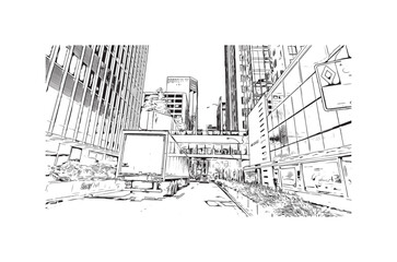 Print Building view with landmark of   Stanley is the capital in Falkland. Hand drawn sketch illustration in vector.