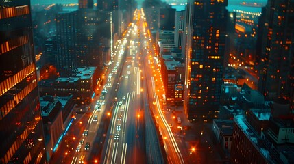 Obraz premium Evening panorama overlooking the brightly lit streets