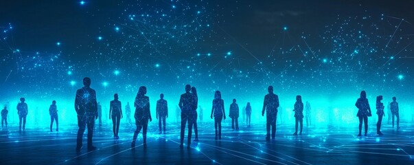 Illustration of a wireframe community gathering in a digital space with glowing network connections