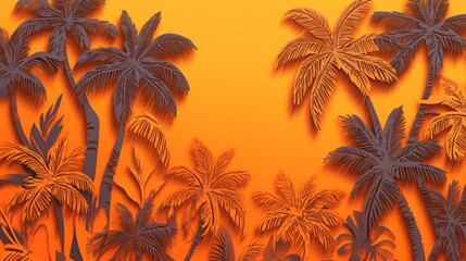Palm leaves on orange background, vector seamless pattern.