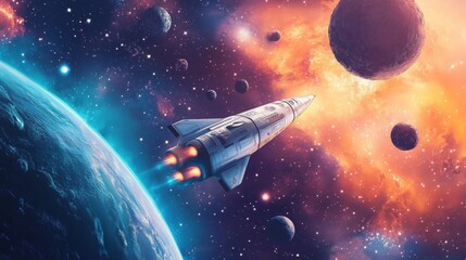 Obraz premium Planets and an interstellar ship flying through them.