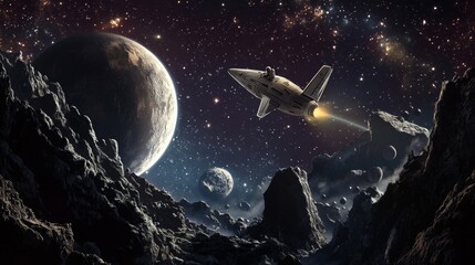 Obraz premium An illustration: a spaceship flying through planetary orbits.