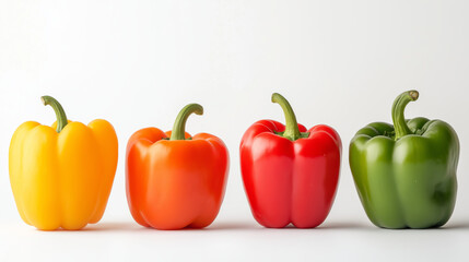 Colorful bell peppers in yellow, orange, red, and green aligned on white background