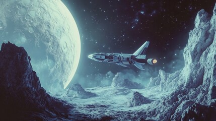 Fototapeta premium A spaceship flies among planets against the background of space.