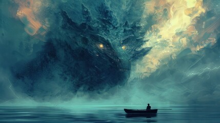 Drawing of a man in a boat encountering a giant monster in a foggy, dreamlike scene, blending elements of fantasy and surrealism.