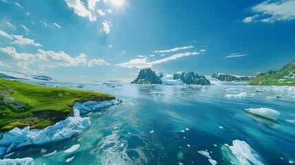 Summer landscape with blue water surrounded by ice