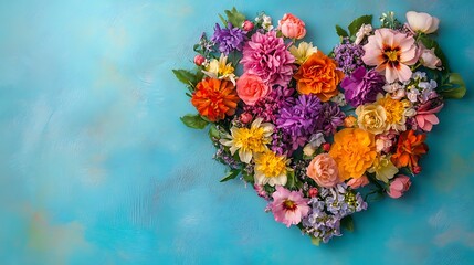 Fototapeta premium Colorful Flower Arrangement in a Heart Shape on Blue Background