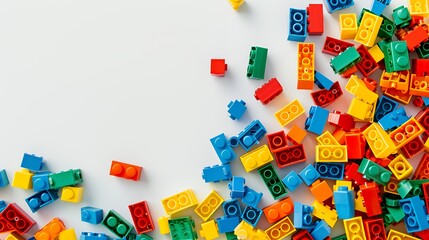 Obraz premium Colorful plastic building blocks scattered on a white background, creating a playful and creative composition.