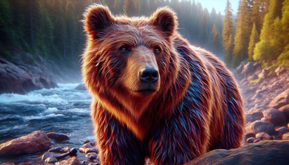 Fototapeta premium Close-up - Majestic Brown Bear in Rocky Shore in forest. Generative AI.
