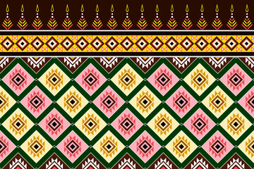 Vibrant ethnic geometric pattern. Rich green, pink, yellow, brown palette. Ideal  textiles, wallpapers, packaging. Blends traditional motifs with modern design. Perfect for diverse creative projects.