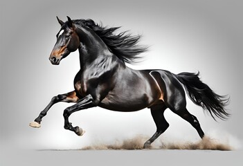 Majestic black horse rearing up on its powerful hind legs, isolated on a pristine white background, embodies strength and elegance