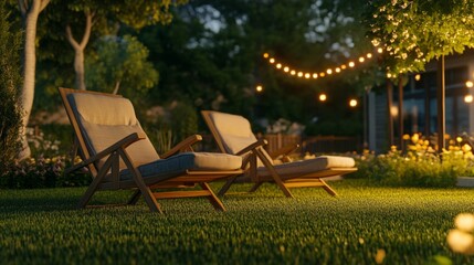 Two chairs on the summer lawn of the backyard of a country house, radiating coziness and elegance.