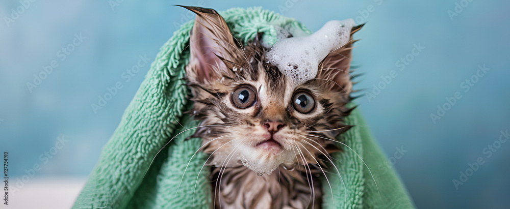 Wall mural kitten taking a bath