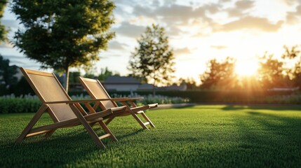 Fototapeta premium The cozy backyard of a country house, decorated with two summer chairs on the green grass, exudes elegance.