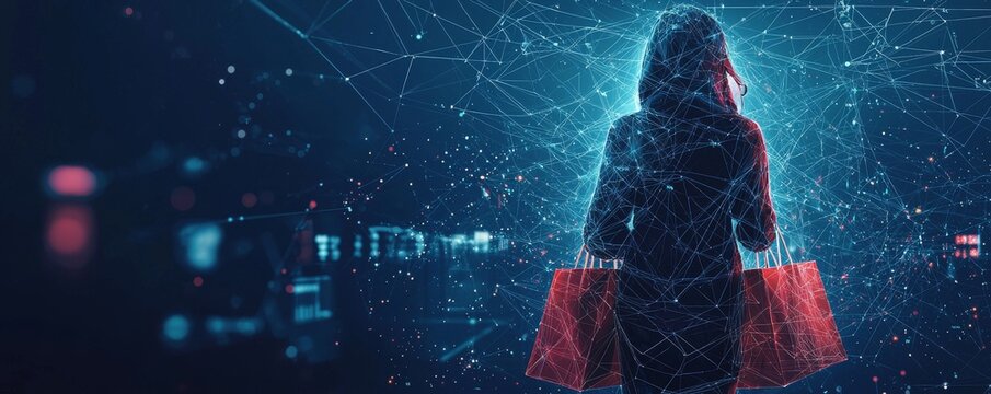 Digital wireframe silhouette of a customer with shopping bags in a futuristic network environment