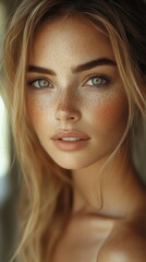 Fototapeta premium Young woman with freckled skin and blue eyes posing indoors with natural light