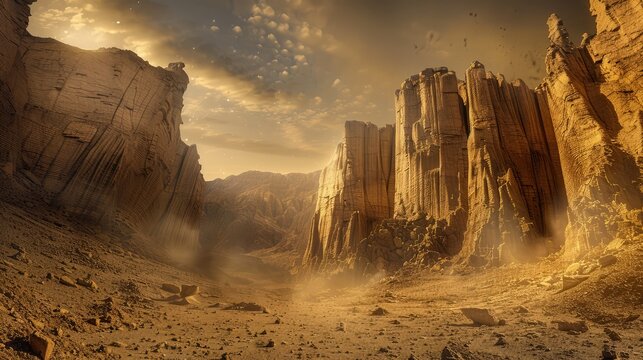 A desolate exoplanet landscape with a range of tall, narrow rocky mountains, the ground covered in a fine dust, and a strange, dimly lit sky overhead.