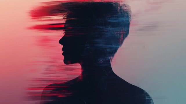 silhouette of man person in profile face hair head glitchy screen distortion hack code computer delay red movement motion wind