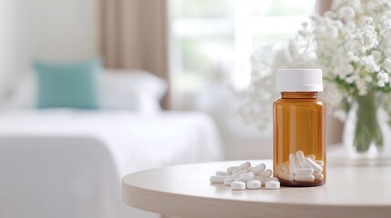 Prescription bottles for specialty drugs on a bedside table in a nursing home, gentle lighting, and a compassionate atmosphere with room for text.
