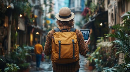 Obraz premium A digital nomad, traveling, walks with a laptop around the city and its outskirts, working remotely.