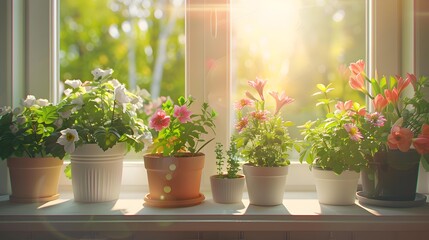 Light window sill filled with potted flowers adding