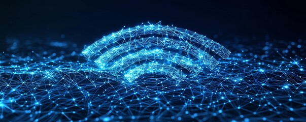 Futuristic wireframe illustration of a wifi symbol in a digital network