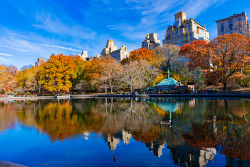 Fototapeta premium New York City, USA - November 20, 2023: Autumn city landscape of central park in fall season with beautiful cityscape and nature. Manhattan skyline