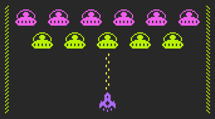 Spaceship shooting to cosmic invaders. Space invaders in pixel art style.