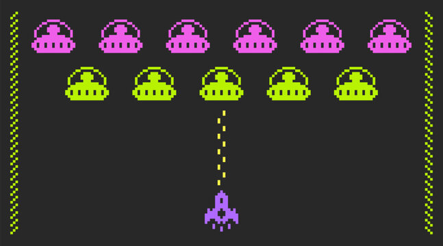 Spaceship shooting to cosmic invaders. Space invaders in pixel art style.