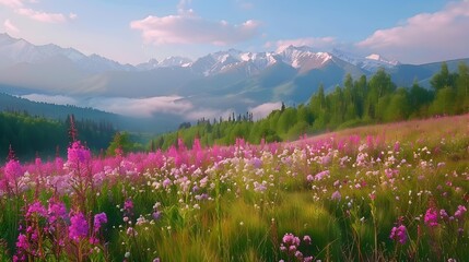 Fototapeta premium Meadow is surrounded by high mountains