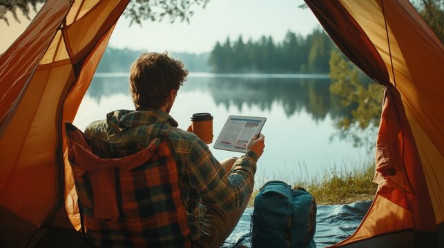 A young tourist by the lake is sitting by a tent, sipping coffee and reading on a tablet.