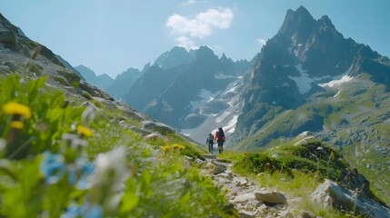 An inspiring mountain trail trek where climbers walk picture