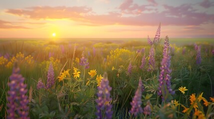 Naklejka premium American prairie with fields of lupine and goldenrod