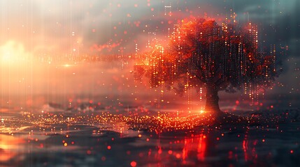 A surreal CPU-based digital tree with branching data lines, double exposure style, white background, glowing binary code as fruit, delicate and minimalistic design, hd quality. --ar 16:9 --v 6.0