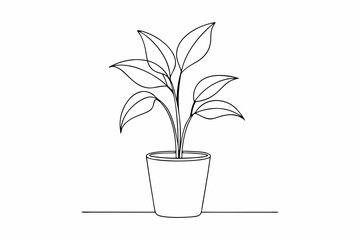 House plant in a pot doodle outline, Potted plant line art vector illustration