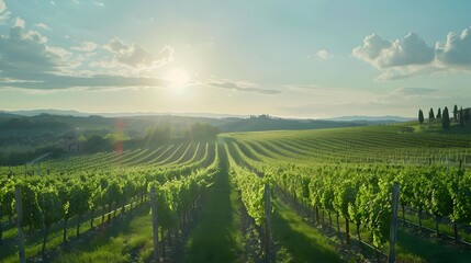 The expanses of green tuscan vineyards illuminated