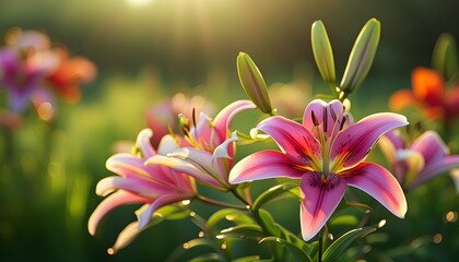 Beautiful lilies in full bloom, capturing vibrant pink and white petals bathed in soft sunlight, creating a serene and enchanting atmosphere in a lush garden filled with natural beauty