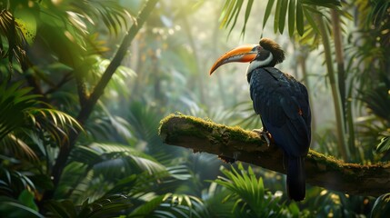 Hornbill sitting on a branch in a tropical